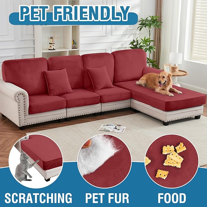 Couch Cover 6-Piece Elastic Velvet Couch Cushion Covers & Chaise Slipcovers - Image 3