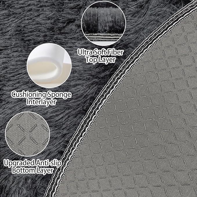 5x5 ft Tie Dye Black Round Rug for Bedroom Room Fluffy Circle Rug Furry Carpet - Image 4
