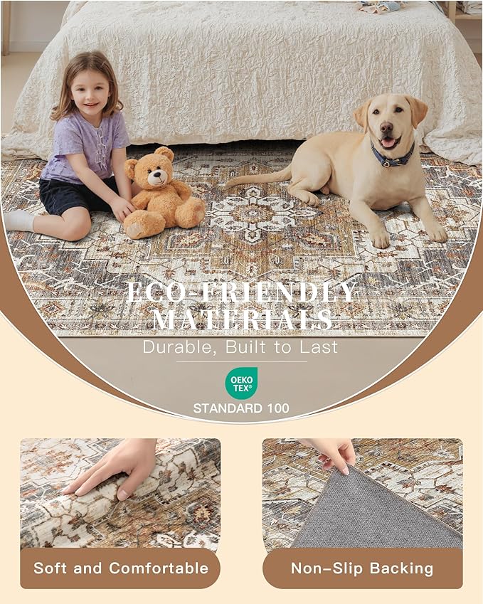 Madane Area Rug 4x6 Washable Rugs: Vintage Living Room Rug Soft Low Pile Non - Image 5