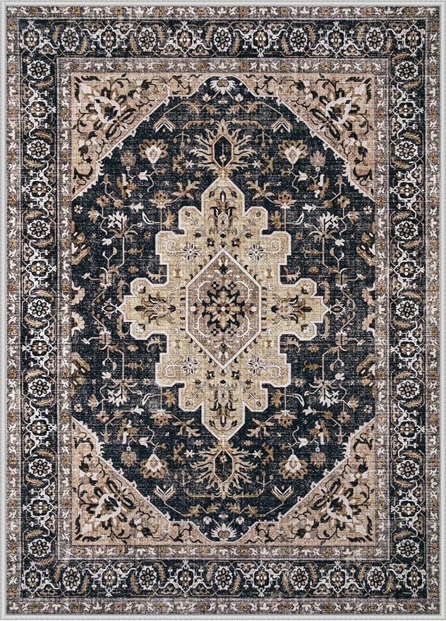 Area Rugs 6x9 Vintage Rug: Washable Living Room Rug Retro Medallion Distressed - Image 8
