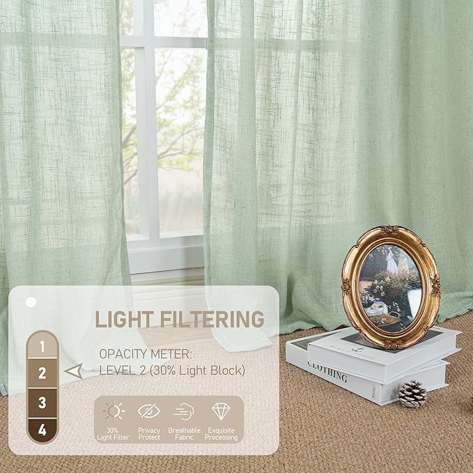 LAMIT Fresh Green Linen Boho Curtains 68 inch Length 2 Panels, Light Filtering - Image 4
