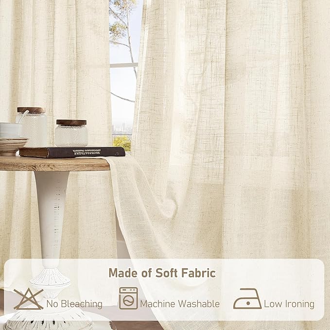 LAMIT Beige Linen Cafe Curtains 24 Inch Length, Semi Sheer Light Filtering - Image 8
