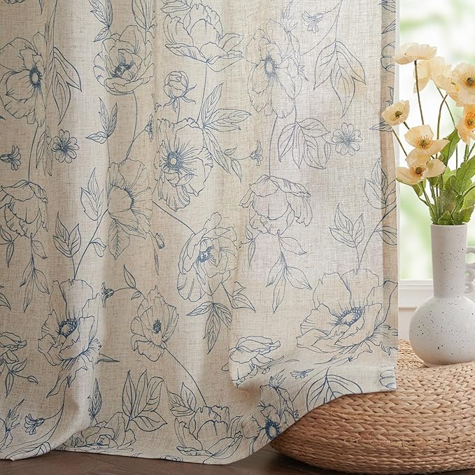 jinchan Floral Linen Curtains for Living Room 96 Inch Length Blue Flower - Image 7