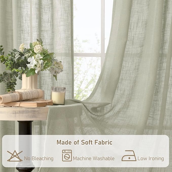 LAMIT Sage Grey Linen Kitchen Curtains 30 Inch Length, Semi Sheer Light - Image 8