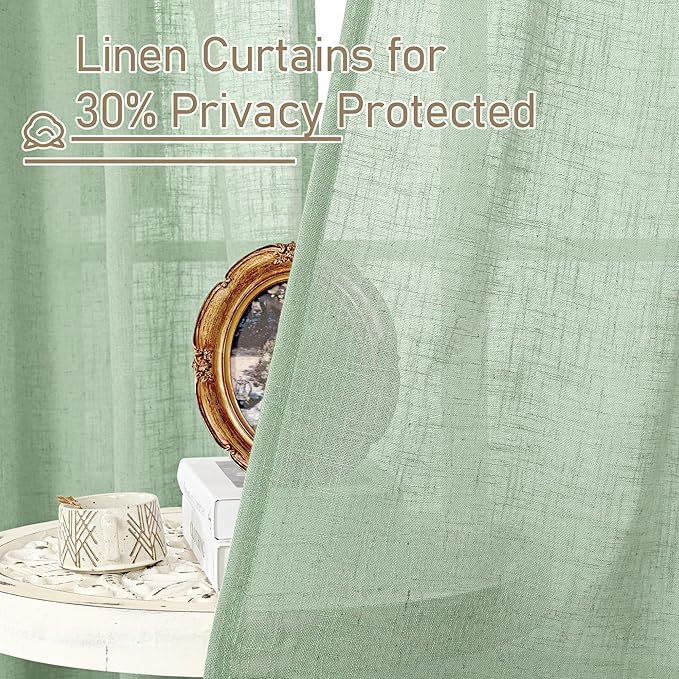 LAMIT Fresh Green Linen Boho Curtains 68 inch Length 2 Panels, Light Filtering - Image 5