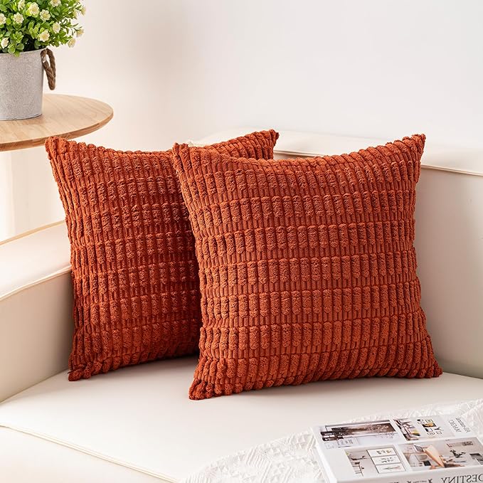 Pack of 2 Corduroy Decorative Throw Pillow Covers 18x18 Inch Fall Soft Striped by Unknown