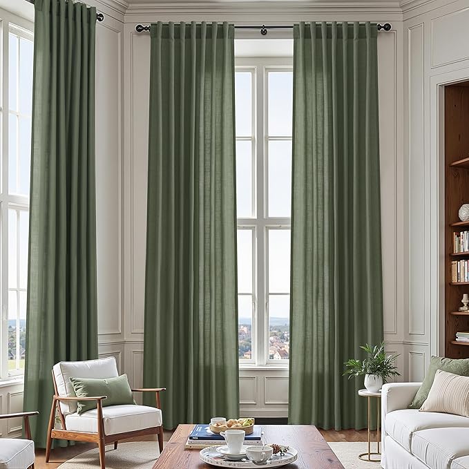 128 Inch Extra Long Curtain for Floor to Ceiling High Window Olive Green Linen - Image 7