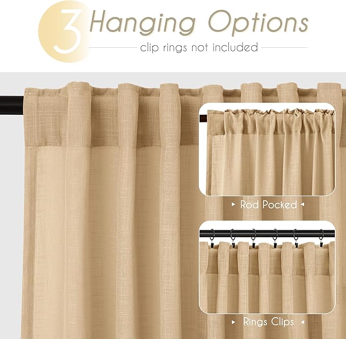 Tan Linen Curtains for Living Room Back Tab Modern Farmhouse Semi Sheer Tan - Image 2