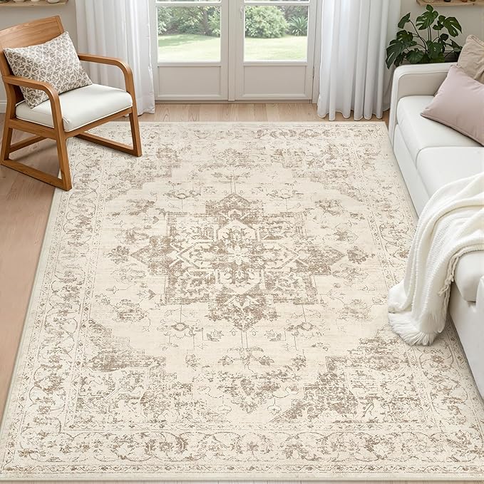 6x9 Area Rugs for Living Room: Vintage Boho Neutral Washable Rug Indoor Soft by Luxturiy