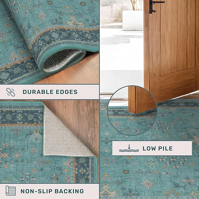 Boho Teal 7x9 Soft Rugs for Living Room, Washable Turquoise Rug for Bedroom - Image 5