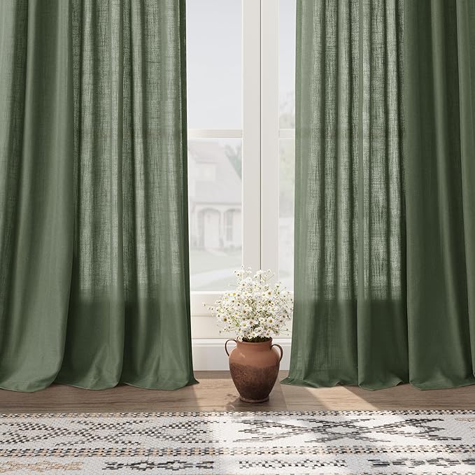 128 Inch Extra Long Curtain for Floor to Ceiling High Window Olive Green Linen - Image 5
