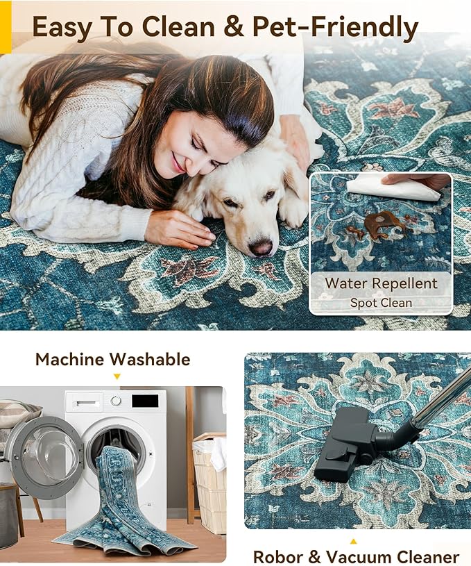 Area Rugs 4'x5' Washable Non-Slip, Floral Vintage Distress Print Pattern - Image 3