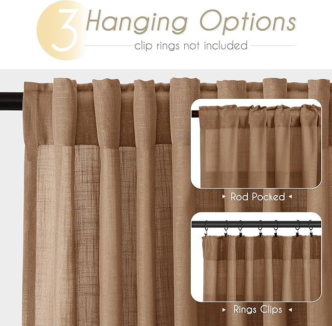Brown Curtains for Living Room Back Tab Modern Farmhouse Semi Sheer Curtains 90 - Image 2