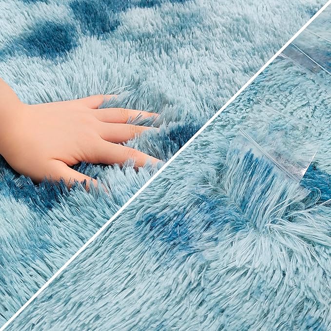 Super Soft Fluffy Living Room Area Rug 2x6 ft Tie-Dyed Light Blue Shaggy Furry - Image 6