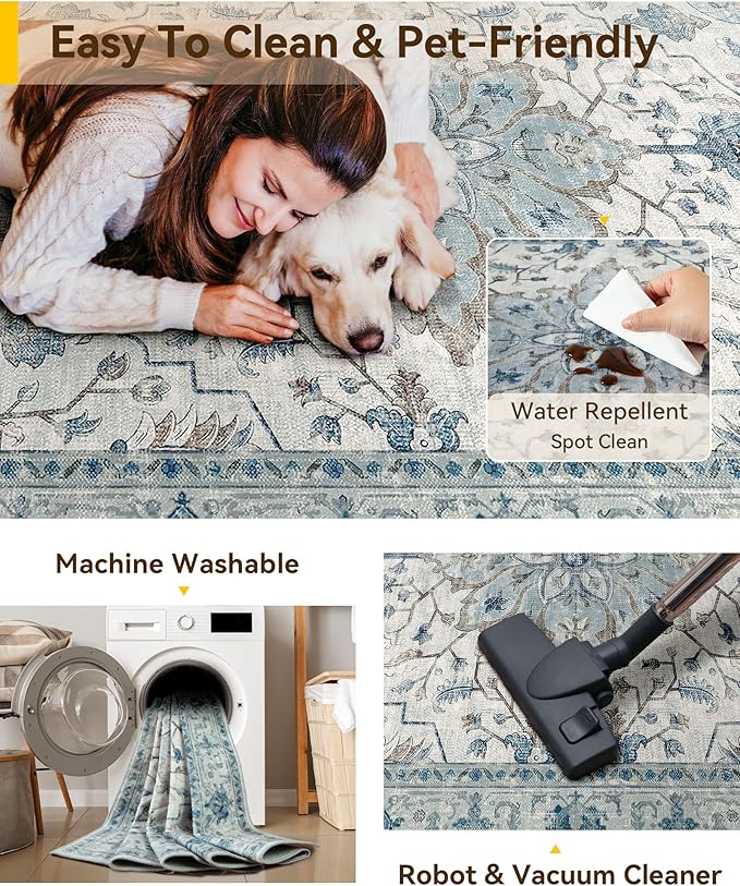 RELEANY Area Rugs 8'x10' Washable Non-Slip, Floral Vintage Distress Print - Image 6