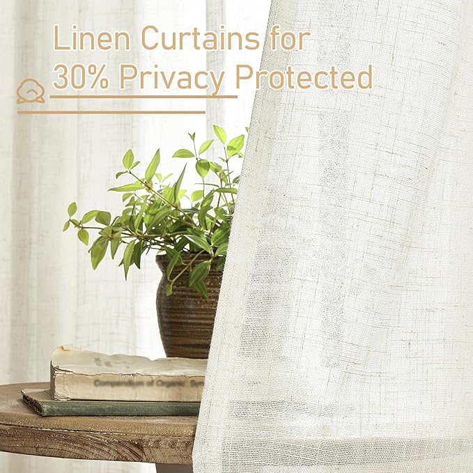 LAMIT Light Filtering Linen Curtains 63 inches Long, Cream Linen Textured Semi - Image 5