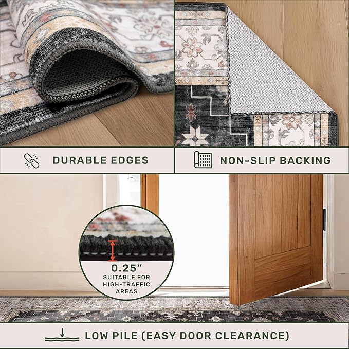 Black Boho Living Room Rug 5x7, Washable Dark Vintage Moody Low Pile Non Slip - Image 5