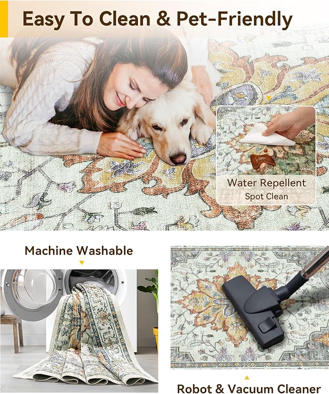 Area Rugs 8'x10' Washable Non-Slip, Floral Vintage Distress Print Pattern - Image 4
